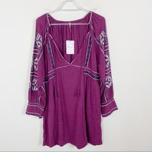 Free People All My Life Purple Embroidered Boho V-Neck Dress Size Small